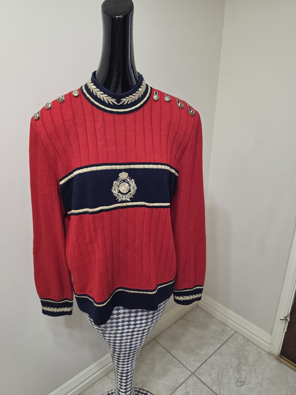 St. John Red Ribbed Crewneck Sweater with Navy and Gold Trim